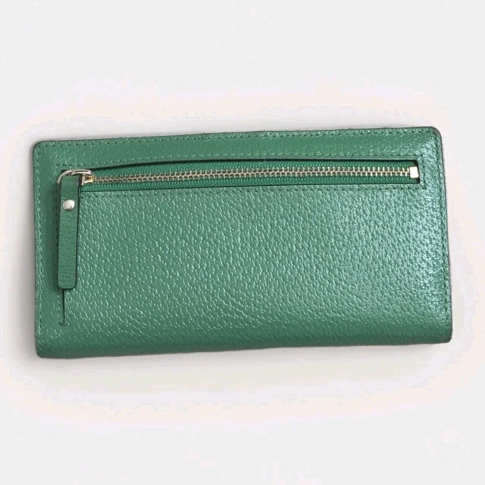Kate Spade New York Darcy Slim Bifold Wallet Designer Green Leather Snap Zipper